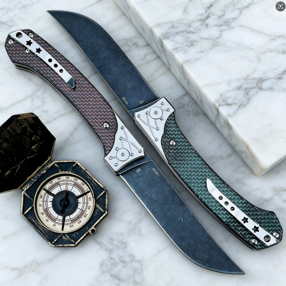 Edc Carry Pocket Knife - D2 Steel Folding Knife with Carbon